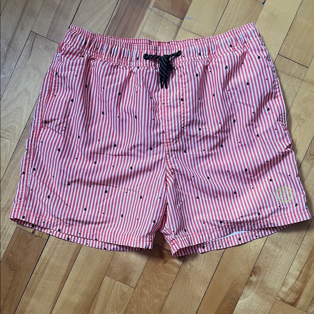 Jack & Jones Red and White Striped Swim Trunks with Black Drawstring
